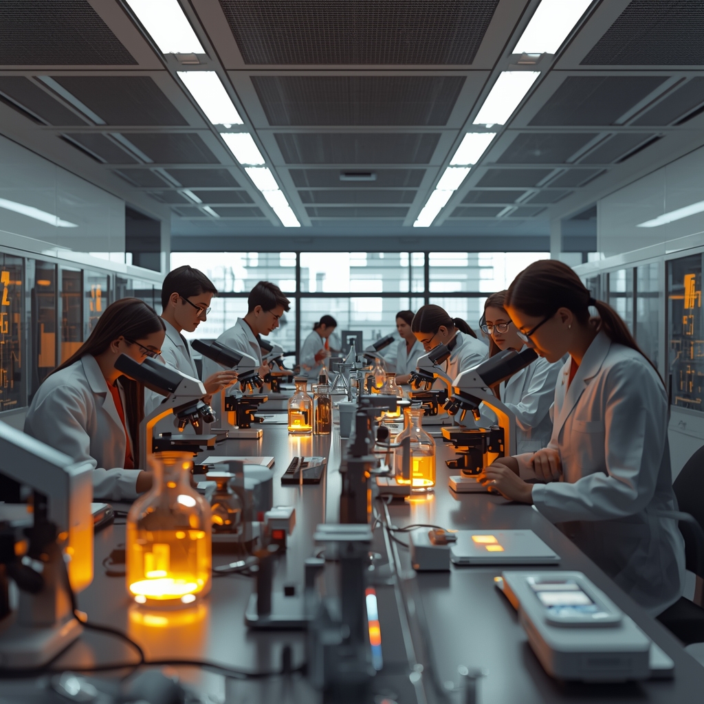 A state of the art science laboratory with modern equipment, glowing microscopes, students performing experiments, bright clean lighting, unreal engine 5 render, Nano Banana2, no woman image